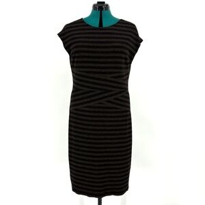 Joseph Ribkoff Black and Brown Striped Criss Cross CapSleeve Midi Dress, 14